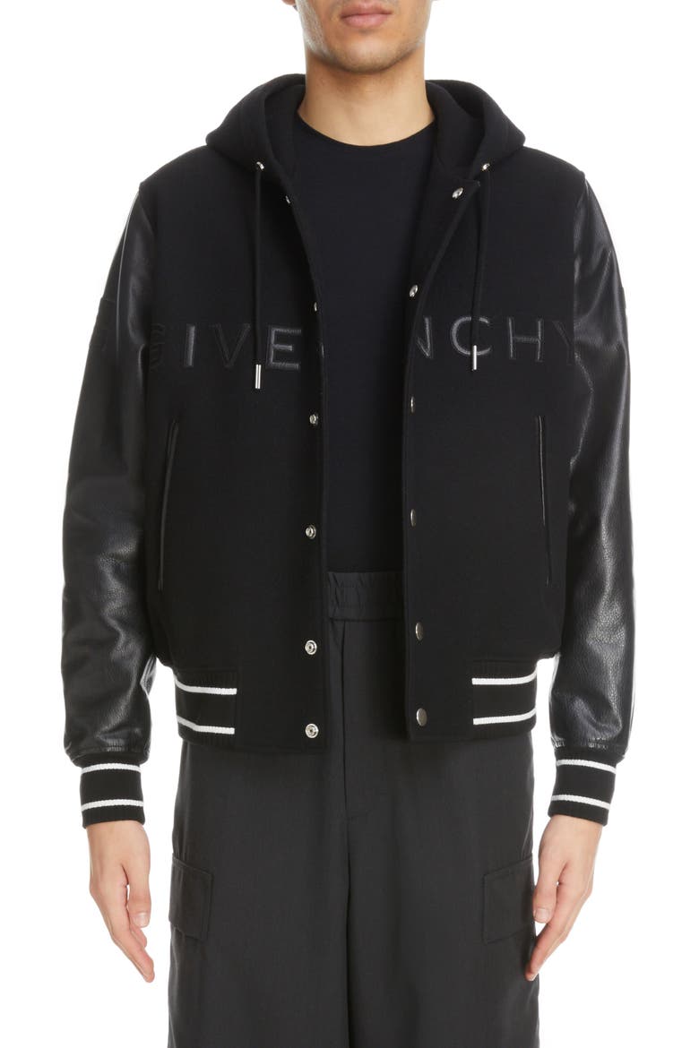 Mixed Media Logo Wool Blend Varsity Jacket, Main, color, BLACK