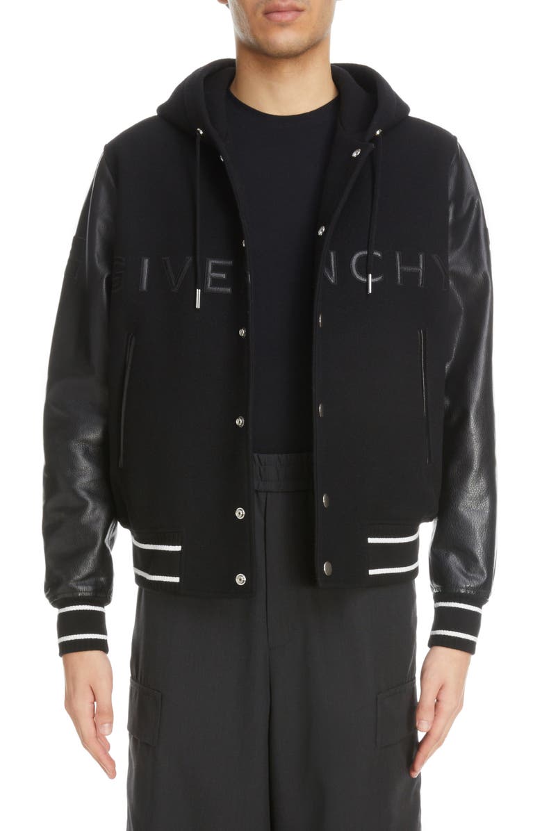 Givenchy Mixed Media Logo Wool Blend Varsity Jacket, Main, color,
