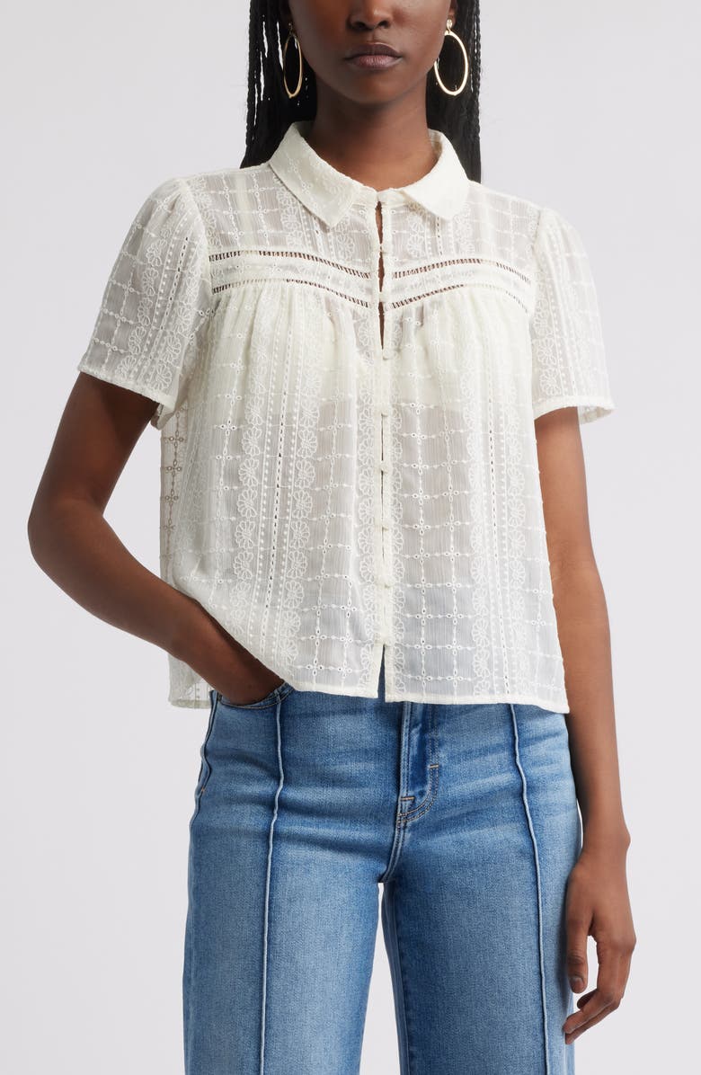 Treasure & Bond Sheer Embroidered Button-Up Shirt, Main, color, 