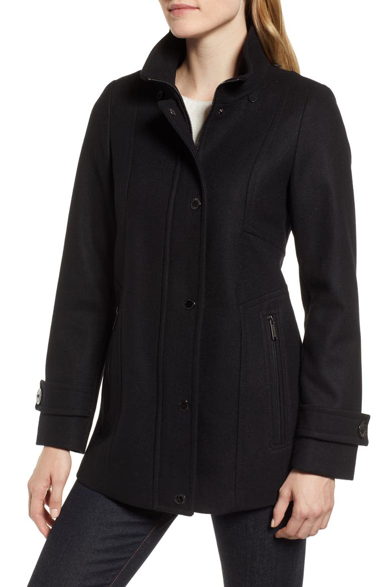 Faux Fur Hooded Wool Car Coat, Alternate, color, BLACK