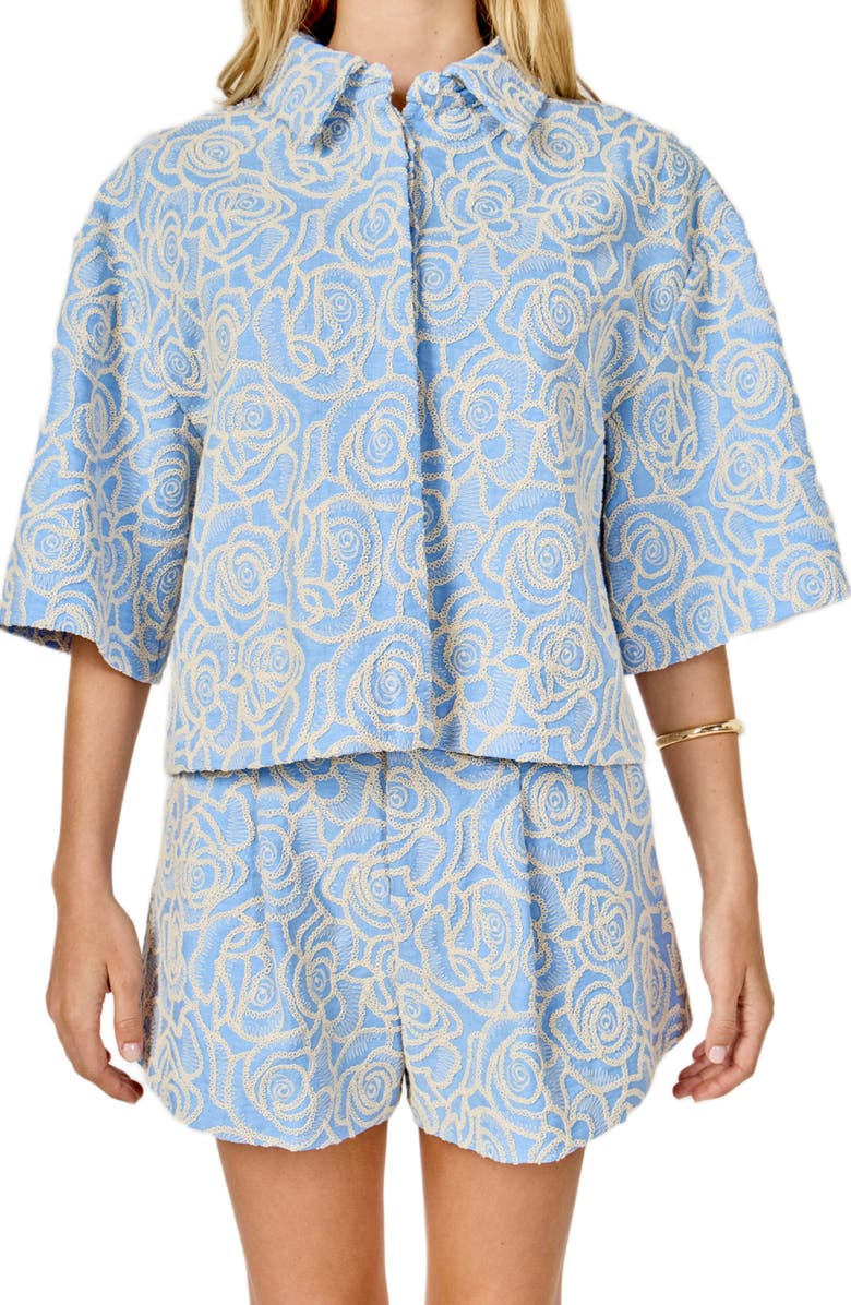 Endless Rose Embroidered Crop Cotton Blend Button-Up Shirt, Alternate, color, Blue