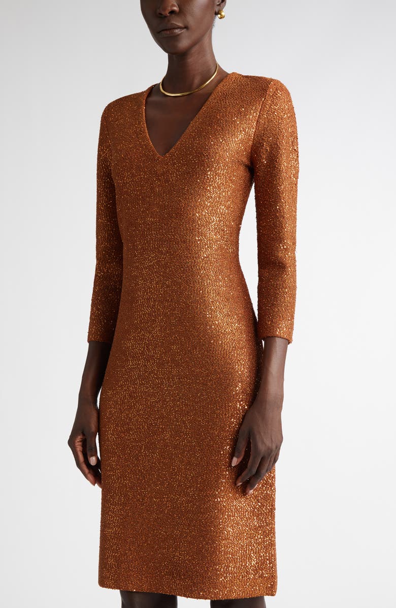 ST. JOHN Sequin Metallic V-Neck Knit Dress, Alternate, color, Cp00 Copper