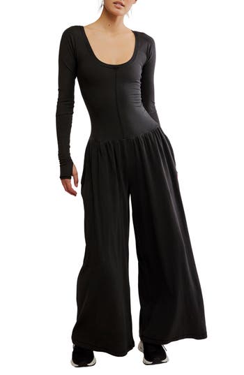Free People Fp Movement Hot Shot Wide Leg Long Sleeve Jumpsuit In Black