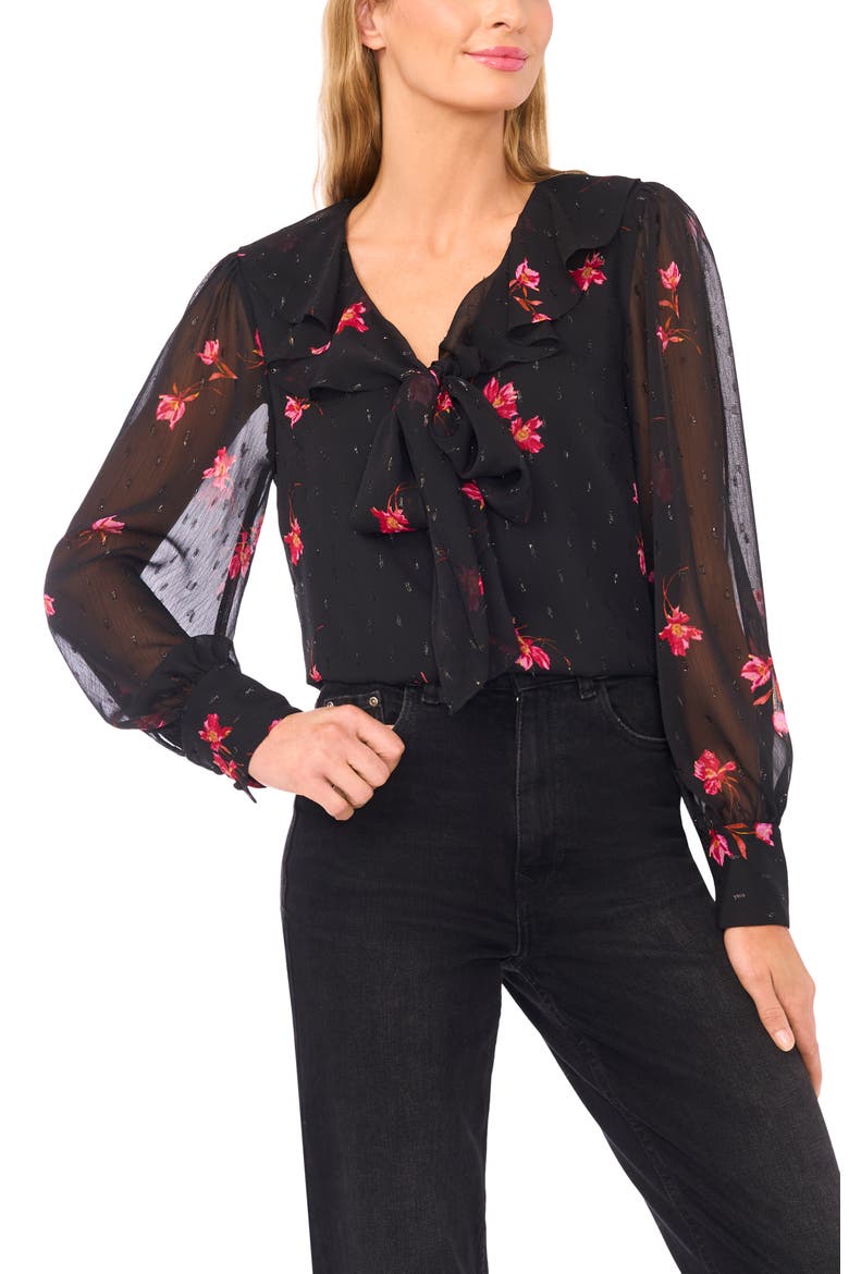 Flora Metallic Tie Neck Top, Main, color, RICH BLACK