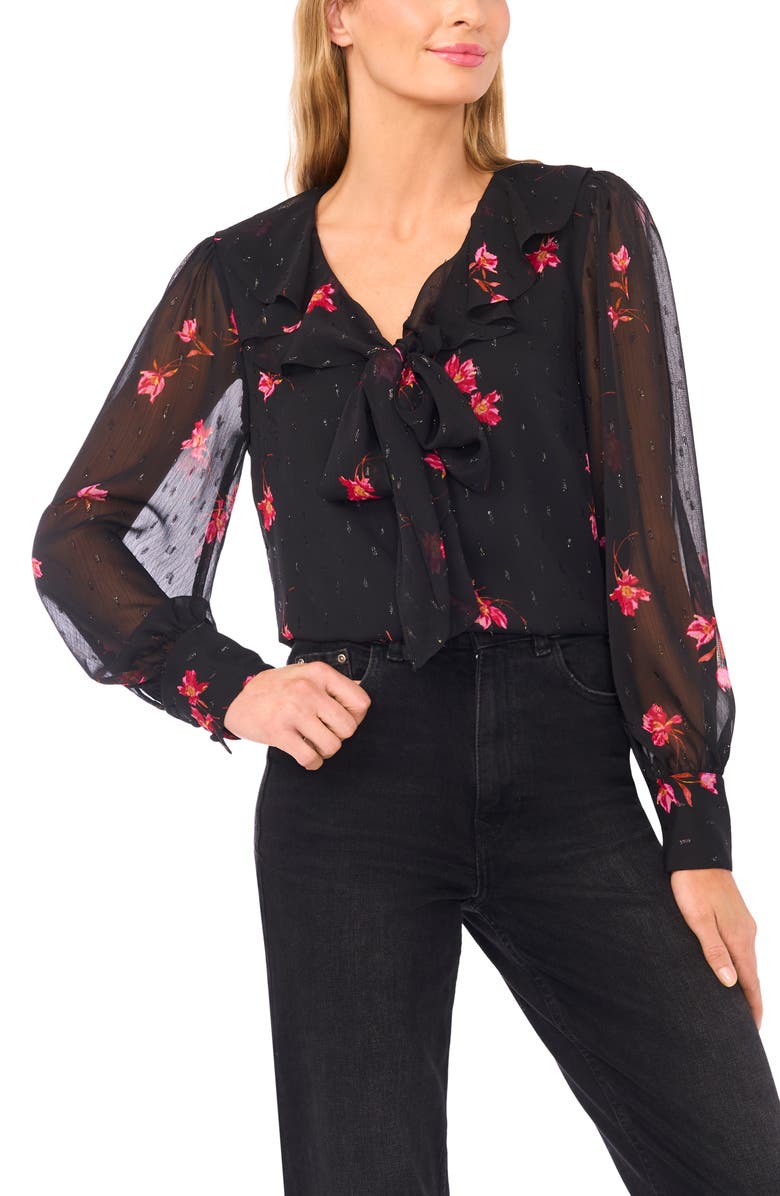 CeCe Flora Metallic Tie Neck Top, Main, color, Rich Black