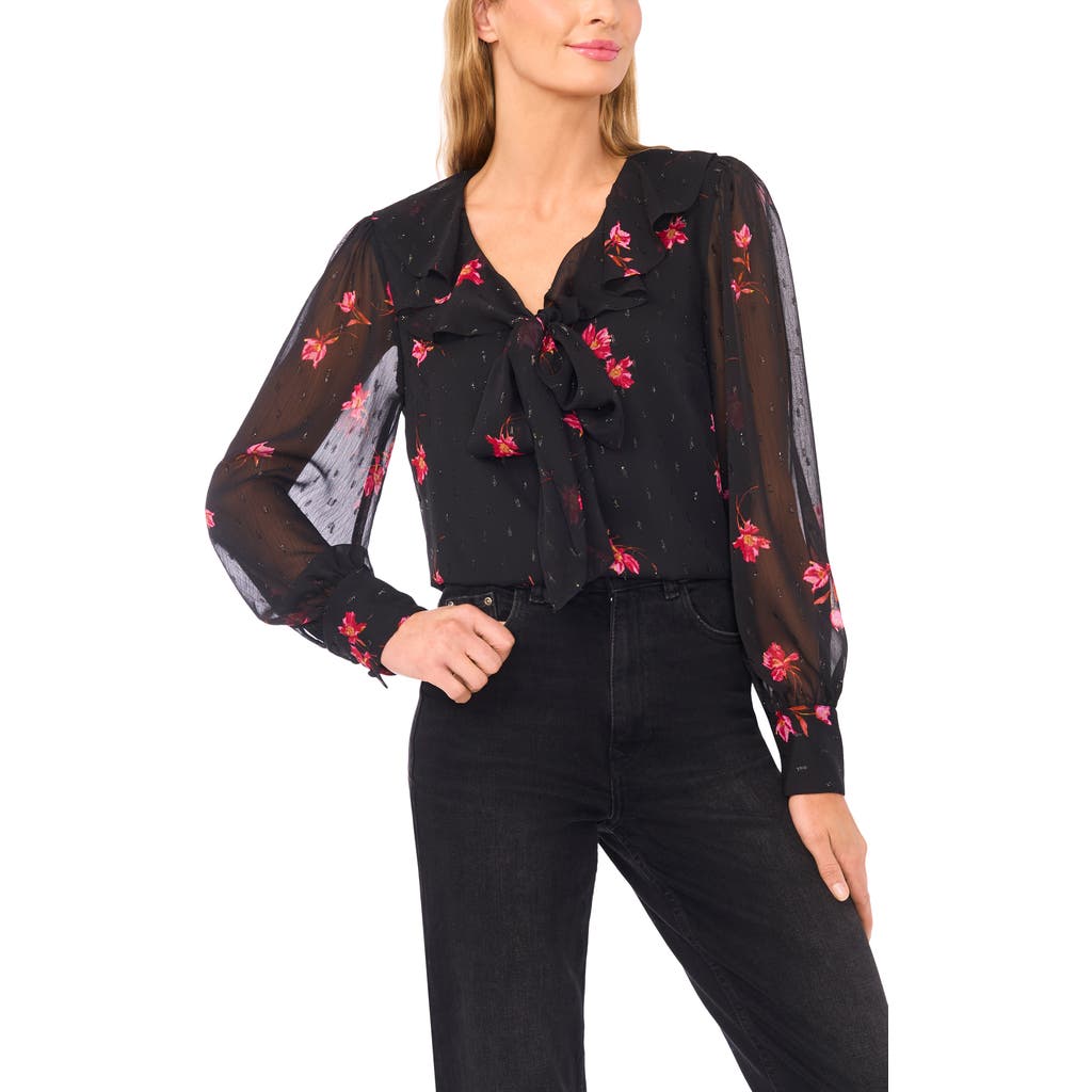 Cece Floral Metallic Split Neck Top In Black