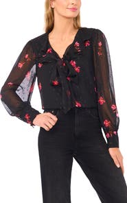 CeCe Flora Metallic Tie Neck Top