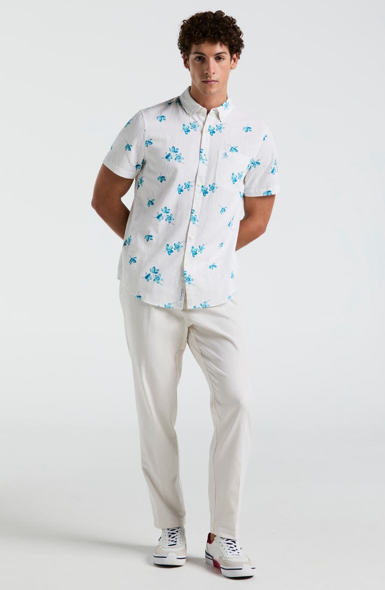 Original Penguin Floral Short Sleeve Cotton & Viscose Seersucker Button-Down Shirt, Alternate, color, Bright White