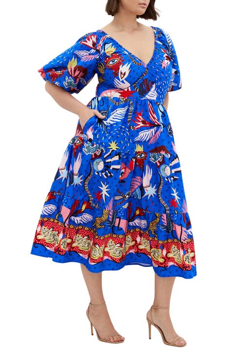 Simona Mixed Print Midi Dress (Plus)