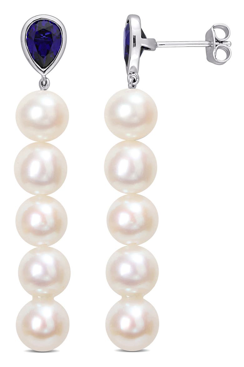 Lab-Created Sapphire & Freshwater Pearl Linear Drop Earrings, Main, color, BLUE