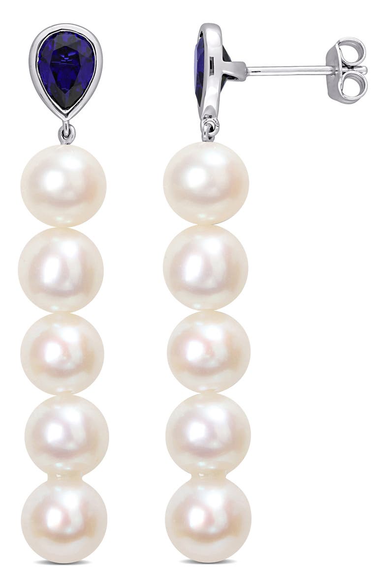 DELMAR Lab-Created Sapphire & Freshwater Pearl Linear Drop Earrings, Main, color, Blue