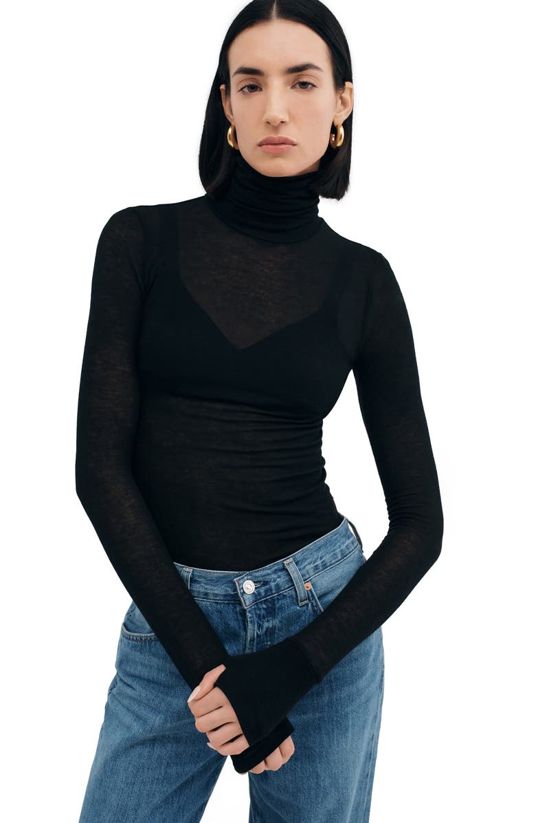 Two Lines by Marcella Tallin Sheer Turtleneck Top, Alternate, color, Black