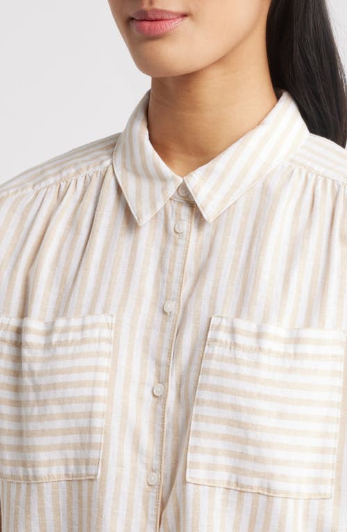 Caslonr Caslon(r) Linen Blend Short Sleeve Button-up Shirt In Tan- White Brianne Stripe