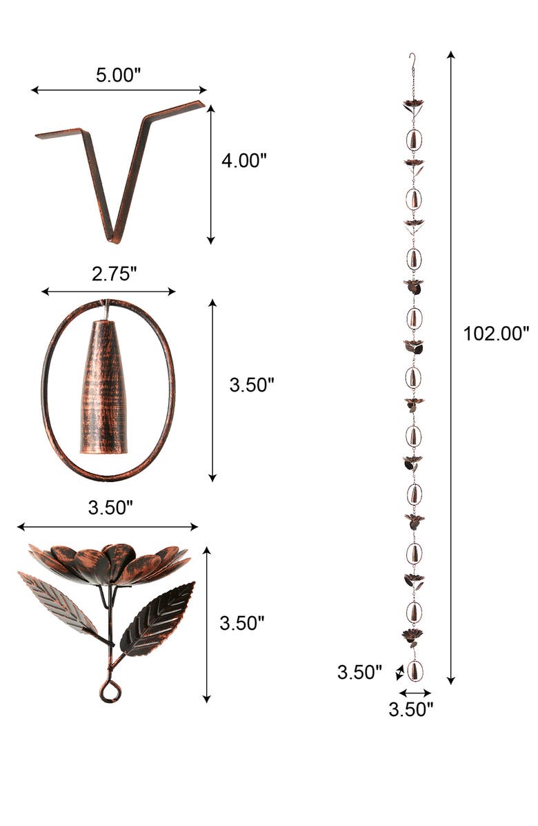 Glitzhome 8.5ft 20-Piece Faux Copper Lotus Flower and Bell Shaped Rain Chain with V-Shaped Gutter Clip, Alternate, color, Brown