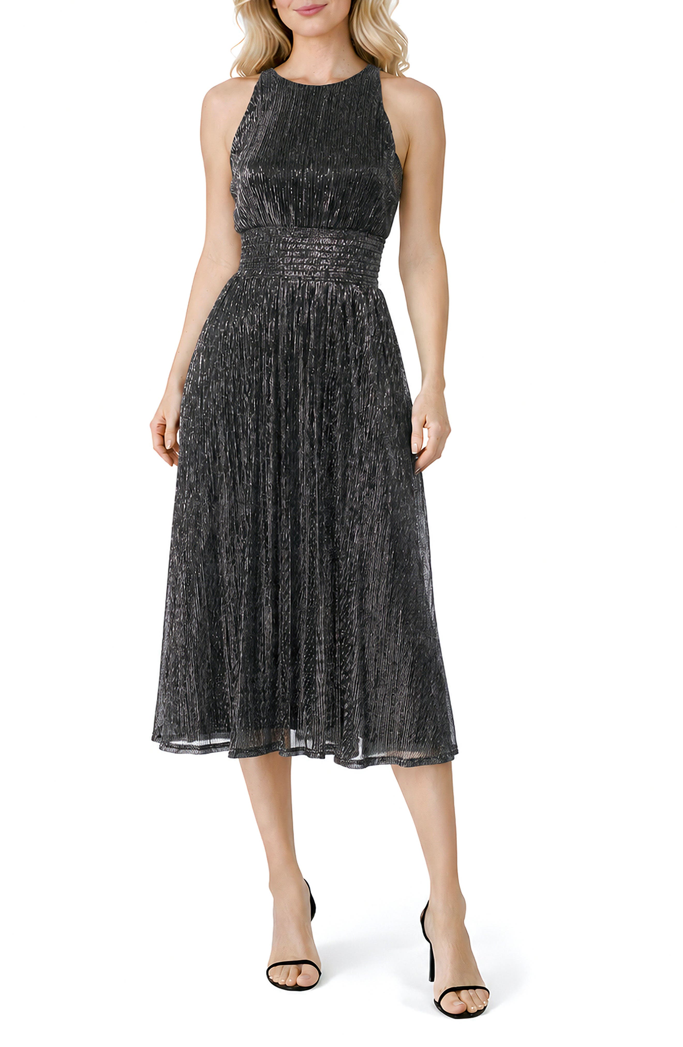 Sleeveless Metallic Plissé Midi Dress