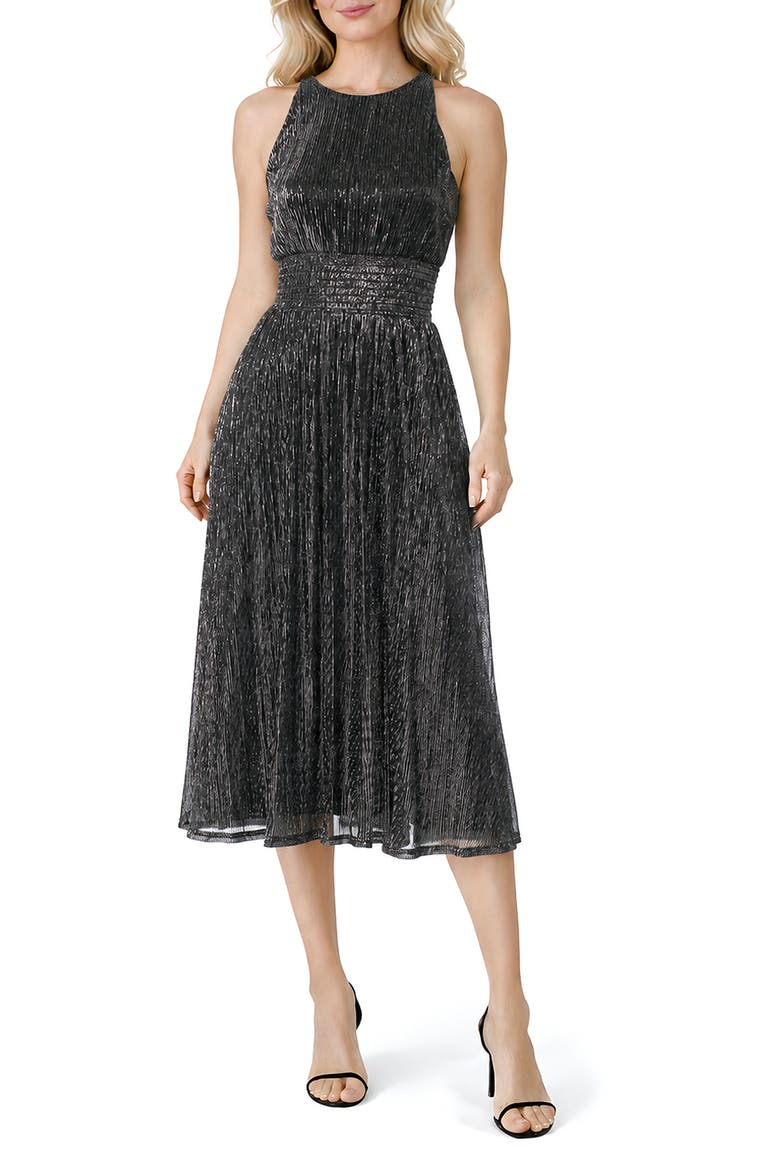 Sleeveless Metallic Plissé Midi Dress, Main, color, BLACK/ SILVER
