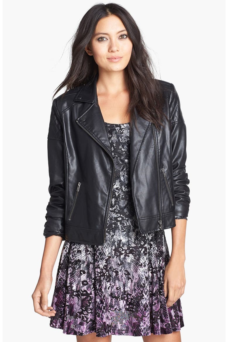 Quilted Shoulder Faux Leather Moto Jacket, Main, color, BLACK