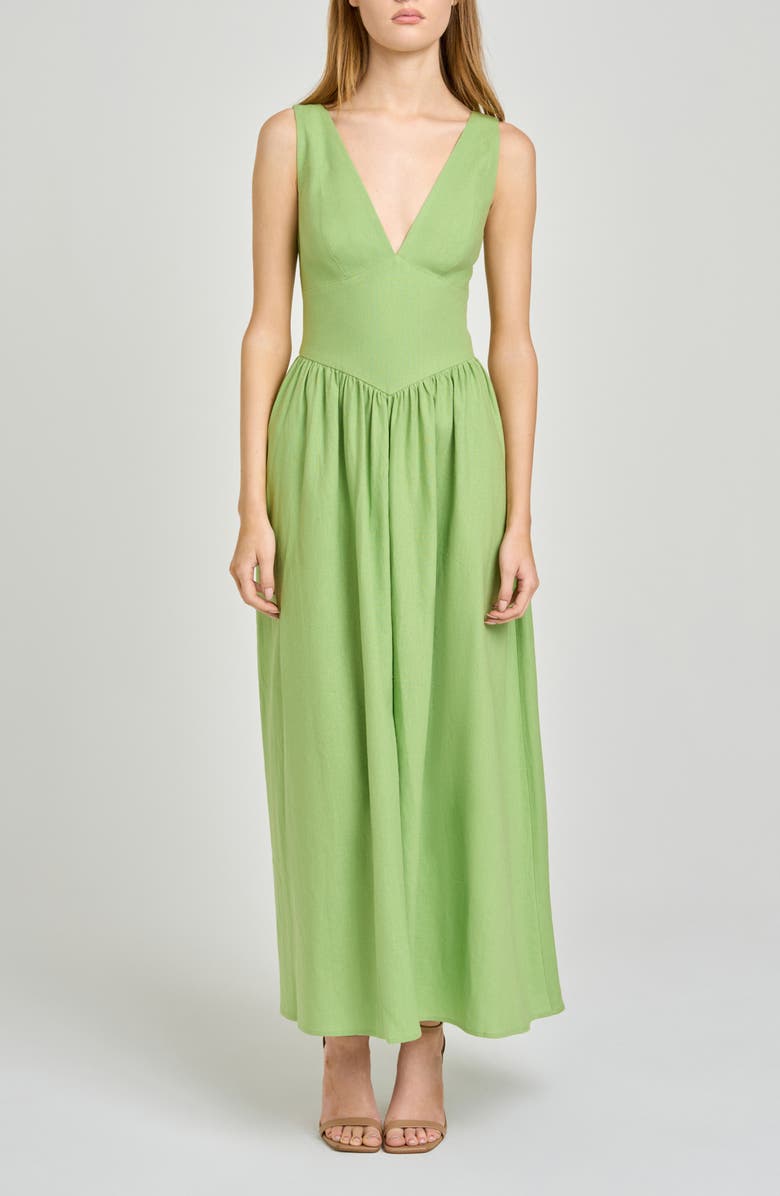 WAYF Vivia Plunge Neck Drop Waist Midi Dress, Main, color, Pistachio