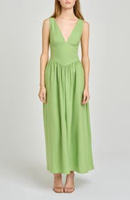WAYF Vivia Plunge Neck Drop Waist Midi Dress