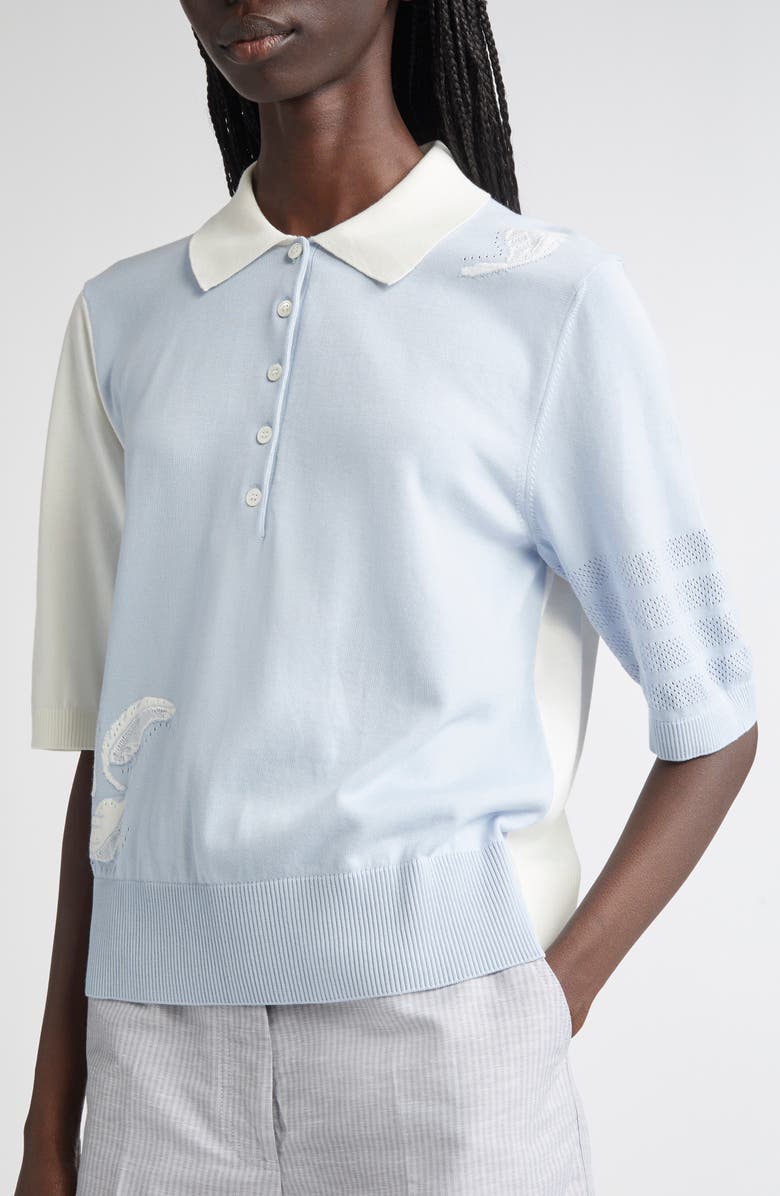 Thom Browne Fun-Mix Feather Intarsia Cashmere Polo, Alternate, color, Light Blue