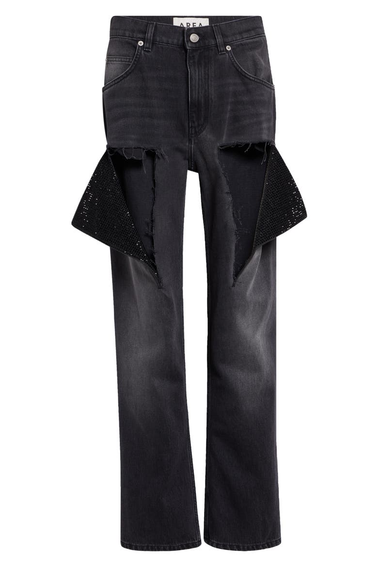 Hotfix Thigh Slash Straight Leg Jeans, Alternate, color, WASHED BLACK