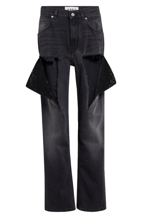 Hotfix Thigh Slash Straight Leg Jeans (Washed Black)