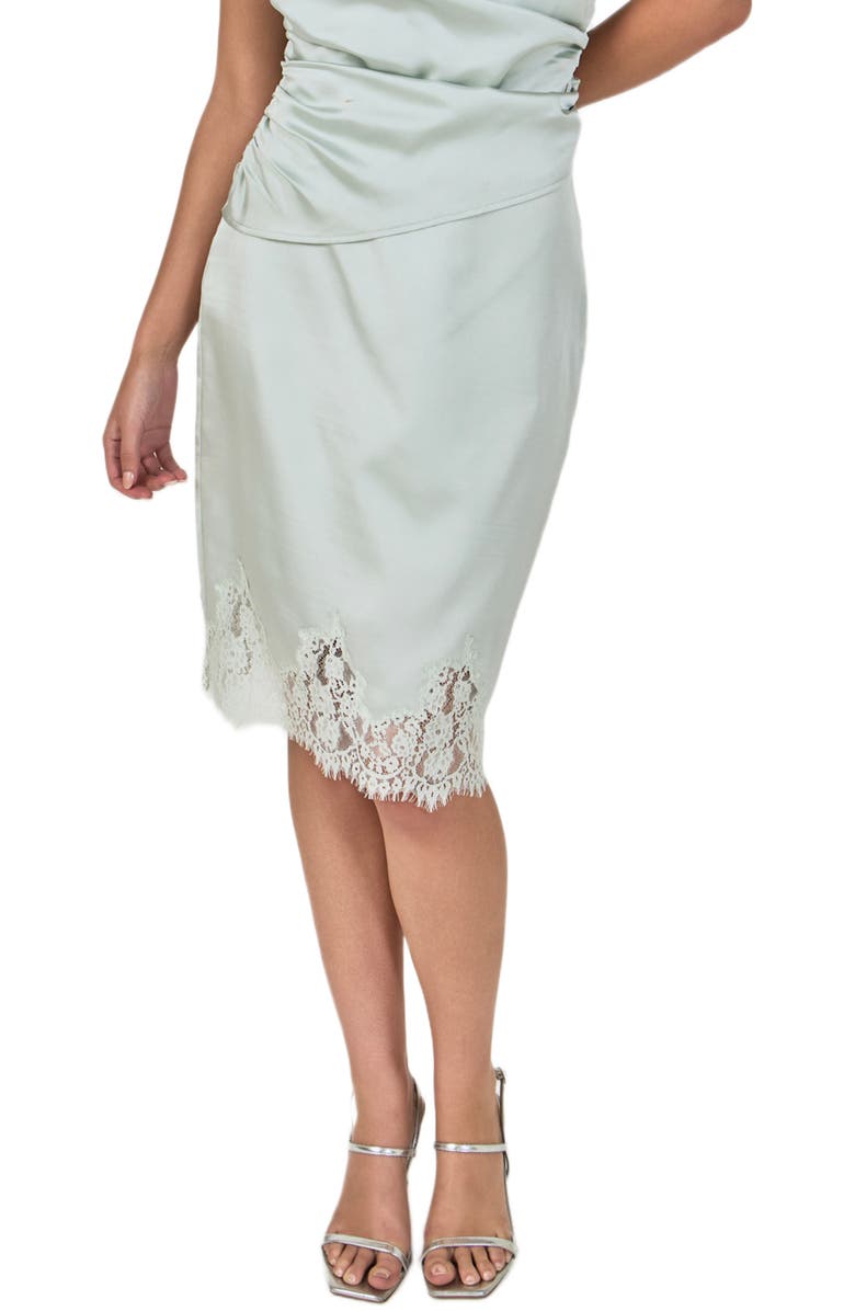 Endless Rose Lace Trim Satin Skirt, Main, color, Sage