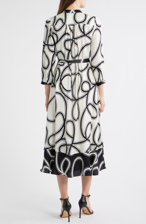 Elie Tahari The Mila Dotted Scroll Print Long Sleeve Silk Blend Midi Shirtdress In White