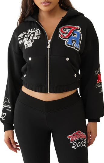 Front Zip Cotton Blend Crop Hoodie