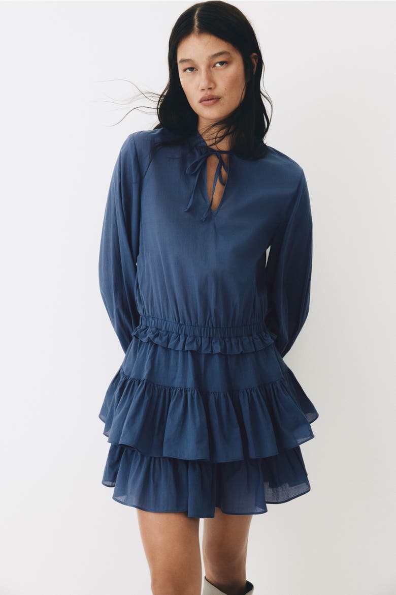 Flounced Cotton Dress, Alternate, color, Dark blue