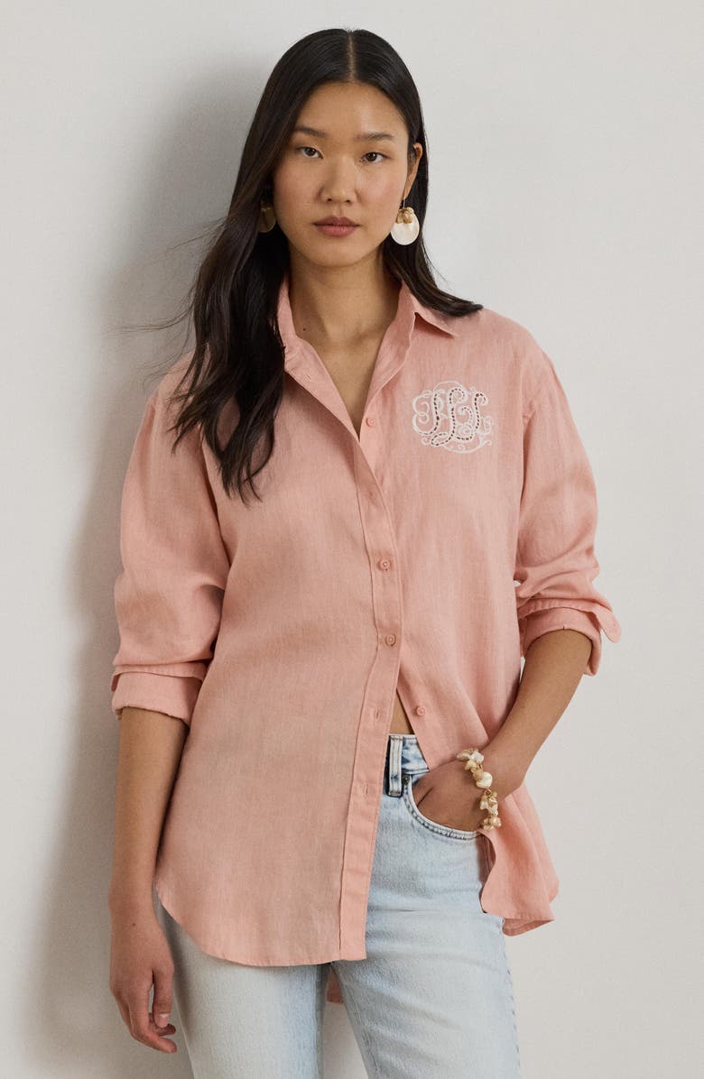 Lauren Ralph Lauren Relaxed Fit Eyelet Logo Embroidered Linen Button-Up Shirt, Alternate, color, Pink Rhodonite