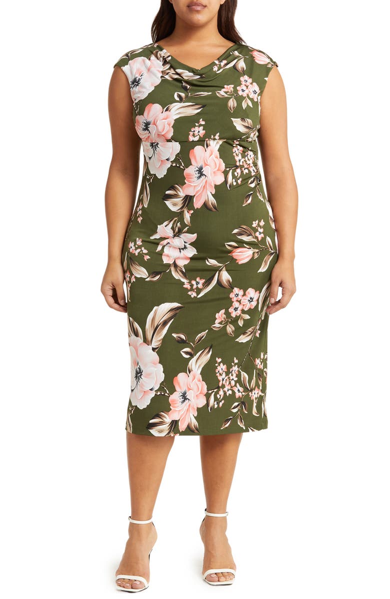 Connected Apparel Floral Drape Cowl Neck Midi Dress, Main, color, 