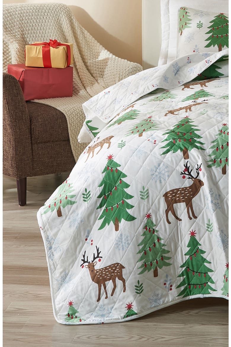 Holiday Theme Reversible Quilt & Sham Set, Alternate, color, DEER / TREES / SNOW