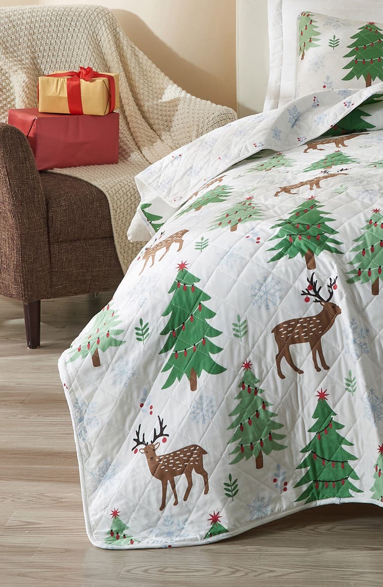 Woven & Weft Holiday Theme Reversible Quilt & Sham Set, Alternate, color, Deer / Trees / Snow