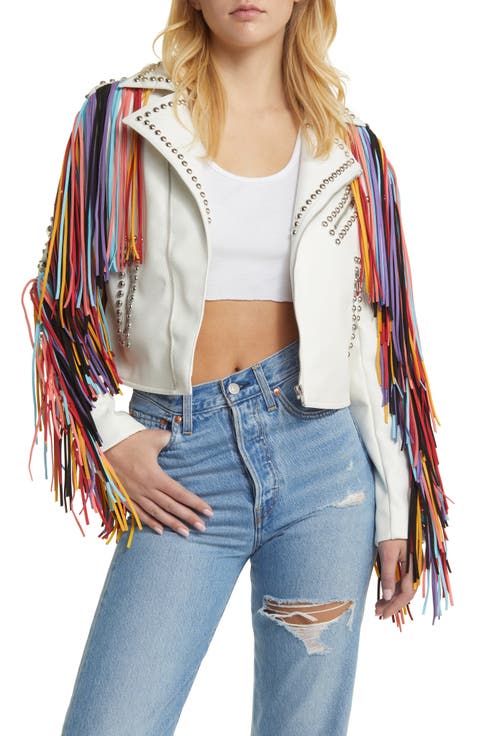 Rainbow Fringe Stud Detail Faux Leather Moto Jacket