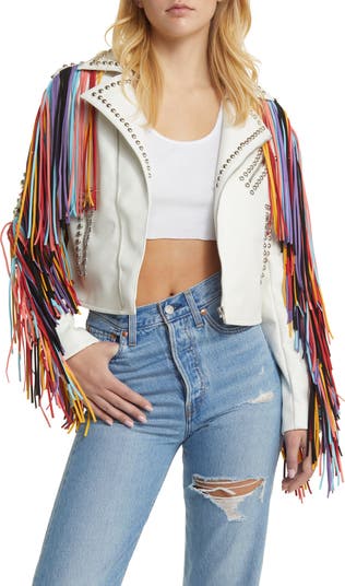 AZALEA WANG Rainbow Fringe Stud Detail Faux Leather Moto Jacket | Nordstrom