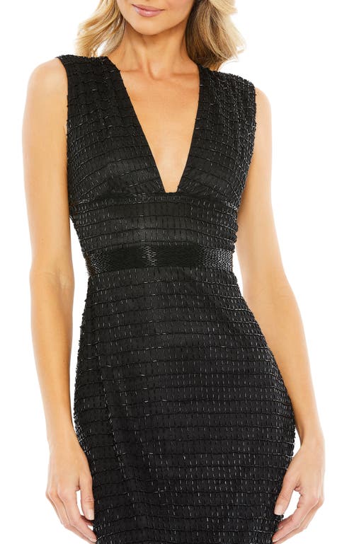Mac Duggal Beaded Cap Sleeve V Neck Column Gown In Black