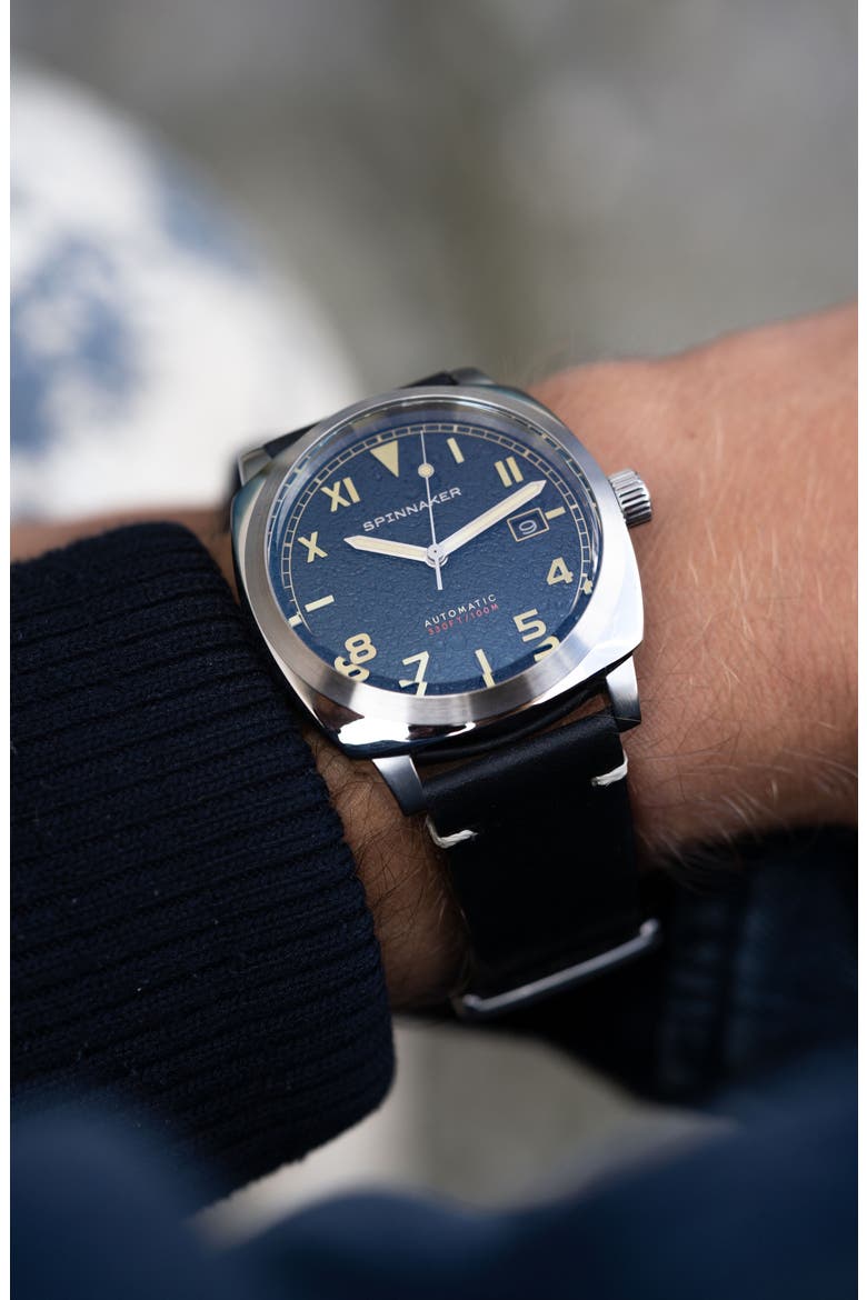 Hull California Automatic Leather Strap Watch, 42mm, Alternate, color, BLUE