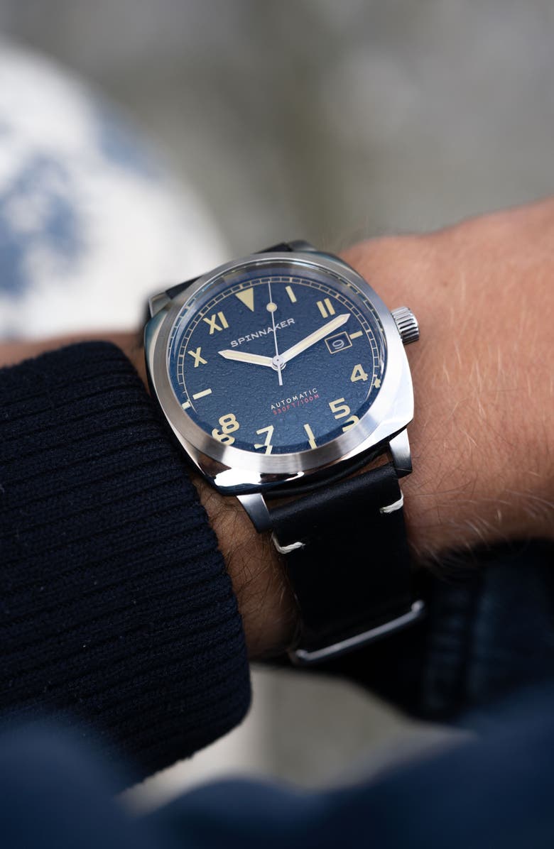 SPINNAKER Hull California Automatic Leather Strap Watch, 42mm, Alternate, color,