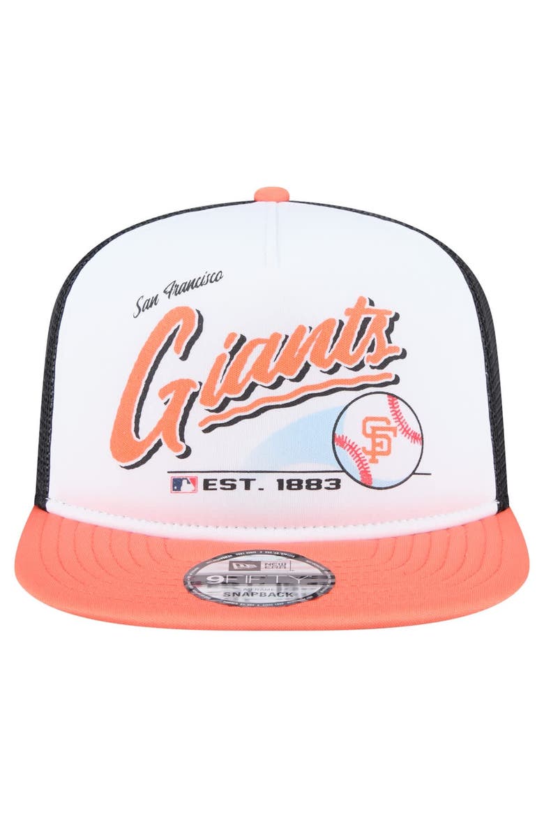 Men's New Era White/Orange San Francisco Giants Retro Script Trucker 9FIFTY Snapback Hat, Alternate, color, White