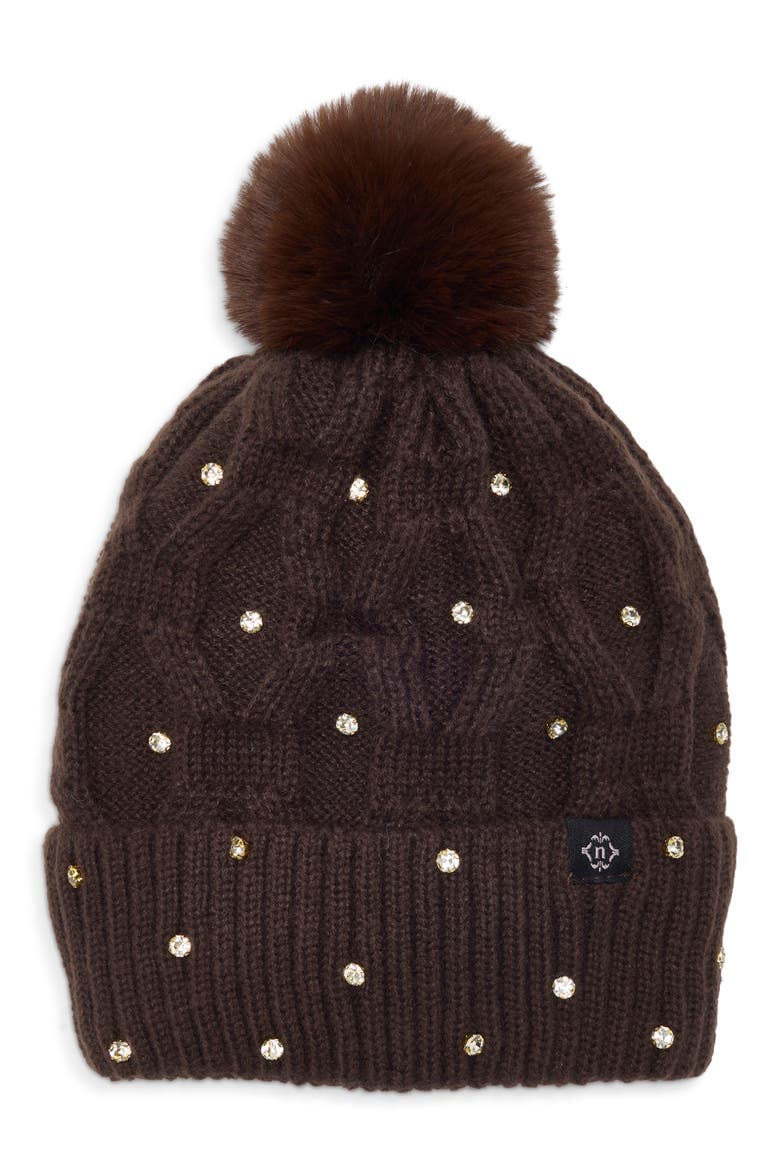Faux Pearl Embellished Pom Beanie, Main, color, CHOCOLATE