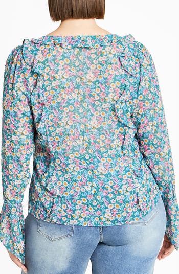 City Chic Lidia Floral Ruffle Long Sleeve Chiffon Top