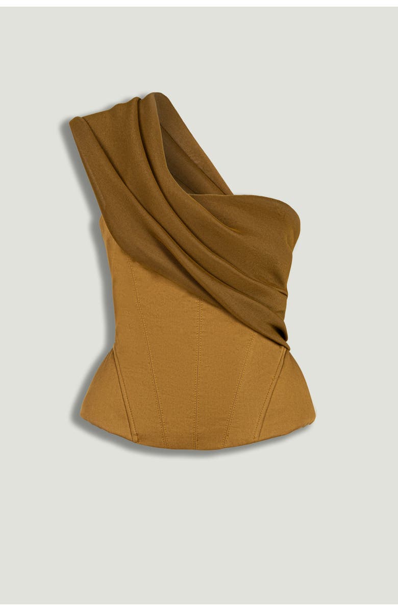 Nocturne One-Shoulder Draped Gabardine Bustier, Alternate, color, Camel