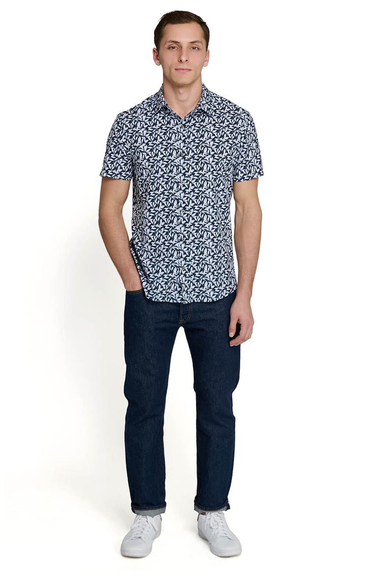 Leaf Print Short Sleeve Performance Button-Up Shirt, Alternate, color, NAVY