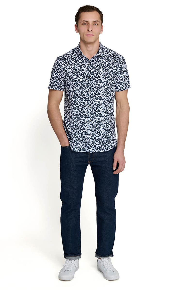 W.R.K Leaf Print Short Sleeve Performance Button-Up Shirt, Alternate, color, Navy