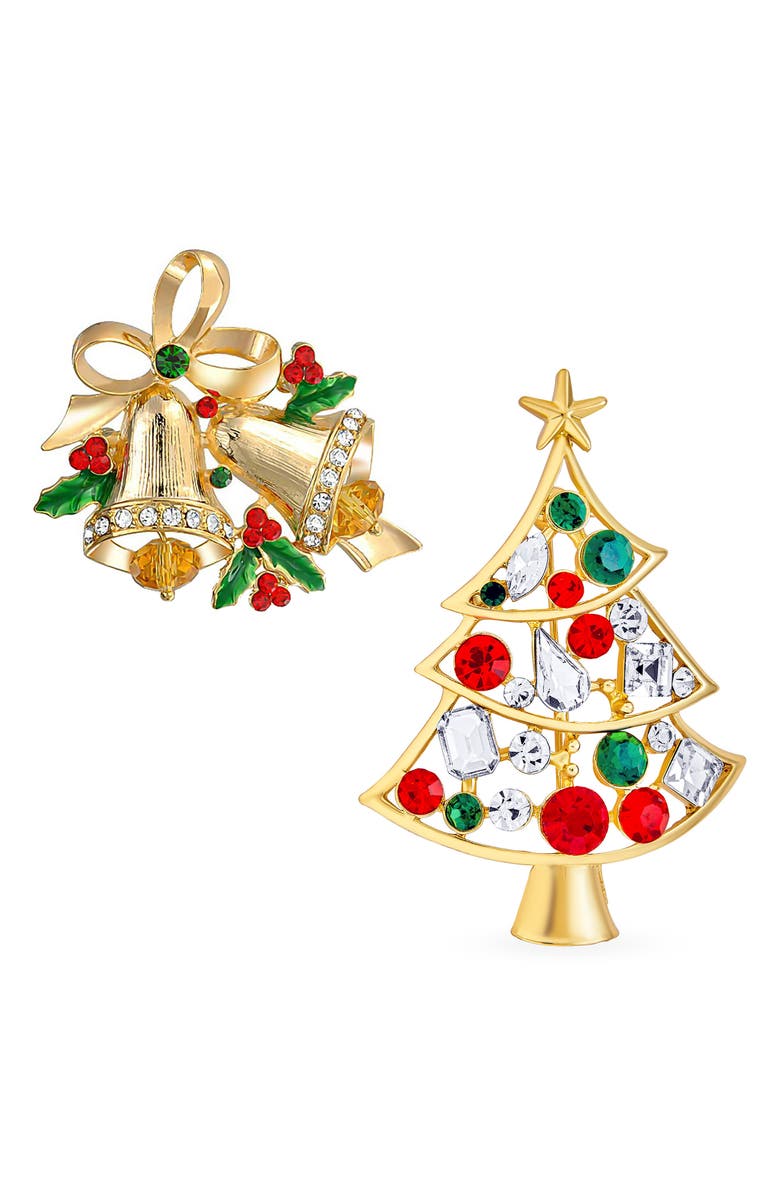 BLING JEWELRY Large Christmas Tree & Christmas Wreath Pin Set, Main, color, Gold