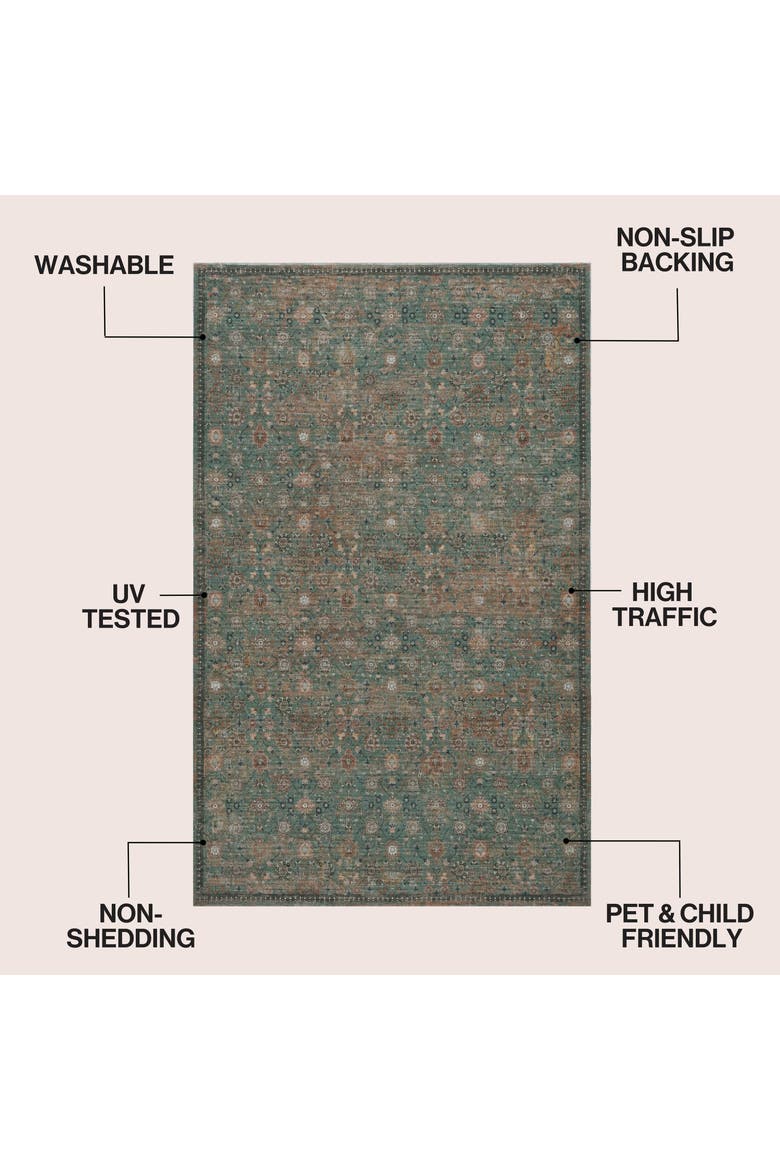 Petunia Distressed All-Over Floral Border Non-Slip Machine-Washable Rug, Alternate, color, Green/Brown