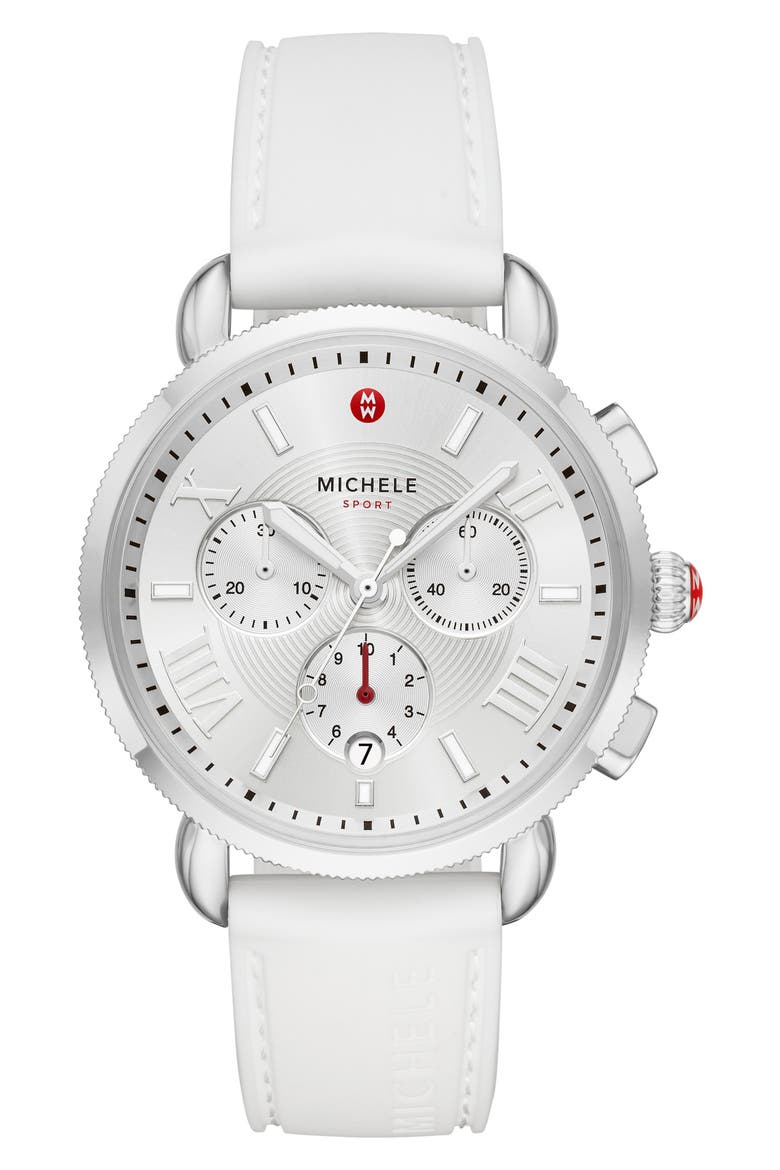 Sport Chronograph Watch Head with Silicone Strap, 38mm, Main, color, WHITE/SILVER WHITE SUNRAY