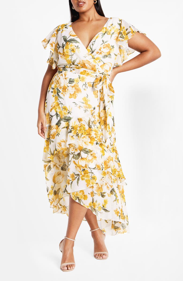 City Chic Floral Faux Wrap Tiered Midi Dress, Main, color, Yellow Floral