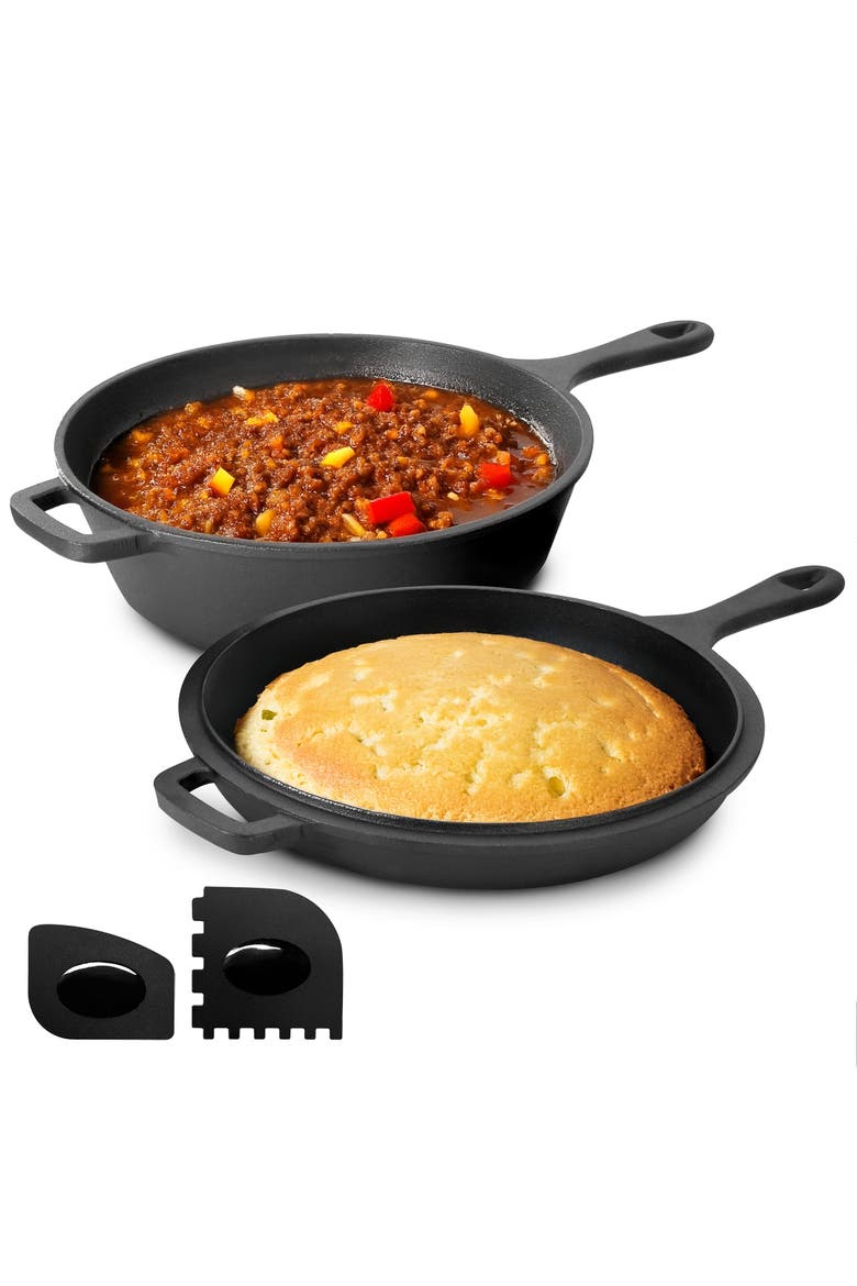 10.5 Inch 2-in-1 Pre-Seasoned Cast Iron Skillet and Fry Pan Set, Main, color, Black